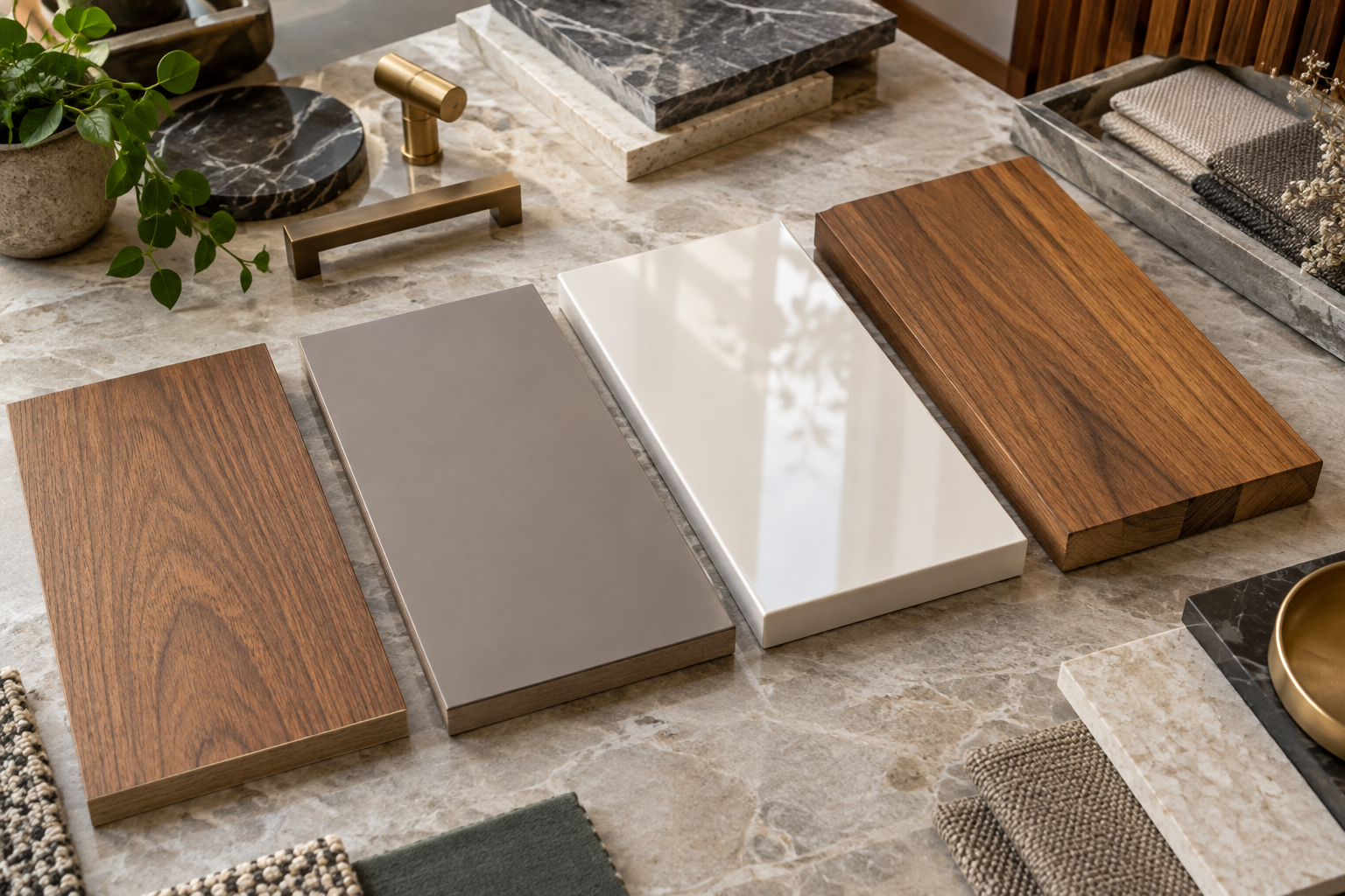 Four door finish samples: veneer, laminate, glossy acrylic and teak on a designer table
