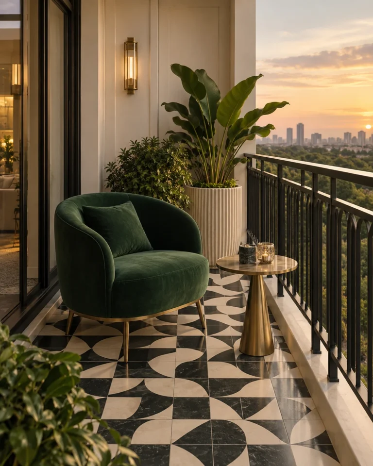 Art Deco Glam balcony design, lounge with a bar counter layout, for a home in Jayanagar