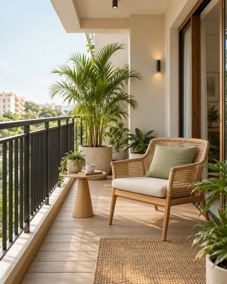 Indo-Scandinavian balcony design, green corner with planters layout, for a home in Jayanagar