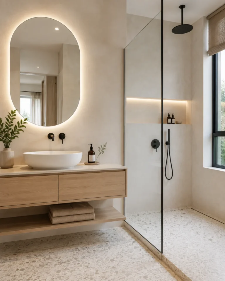 Indo-Scandinavian bathroom design, single vanity, walk-in shower layout, for a home in JP Nagar