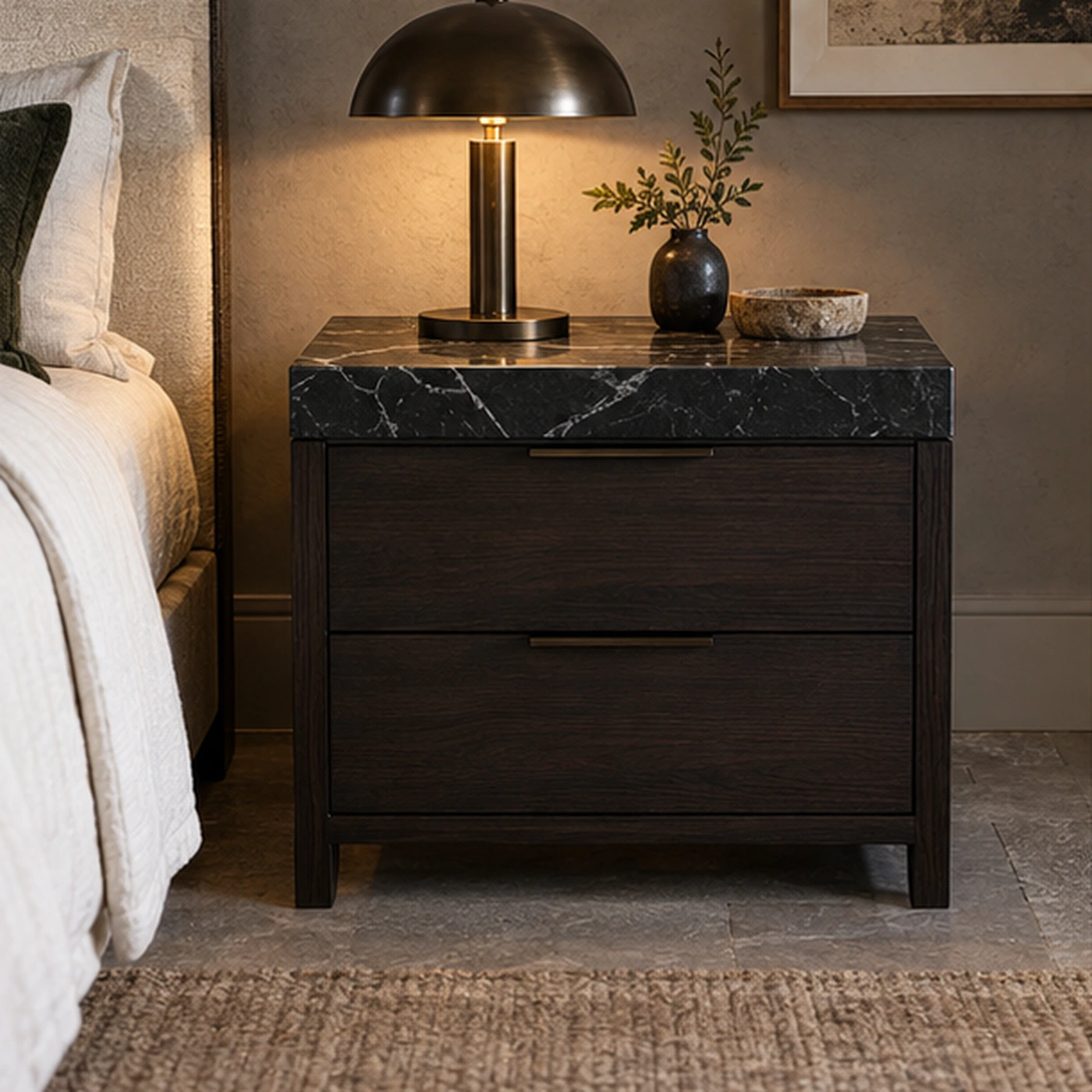 Black Stone Top Bedside Table