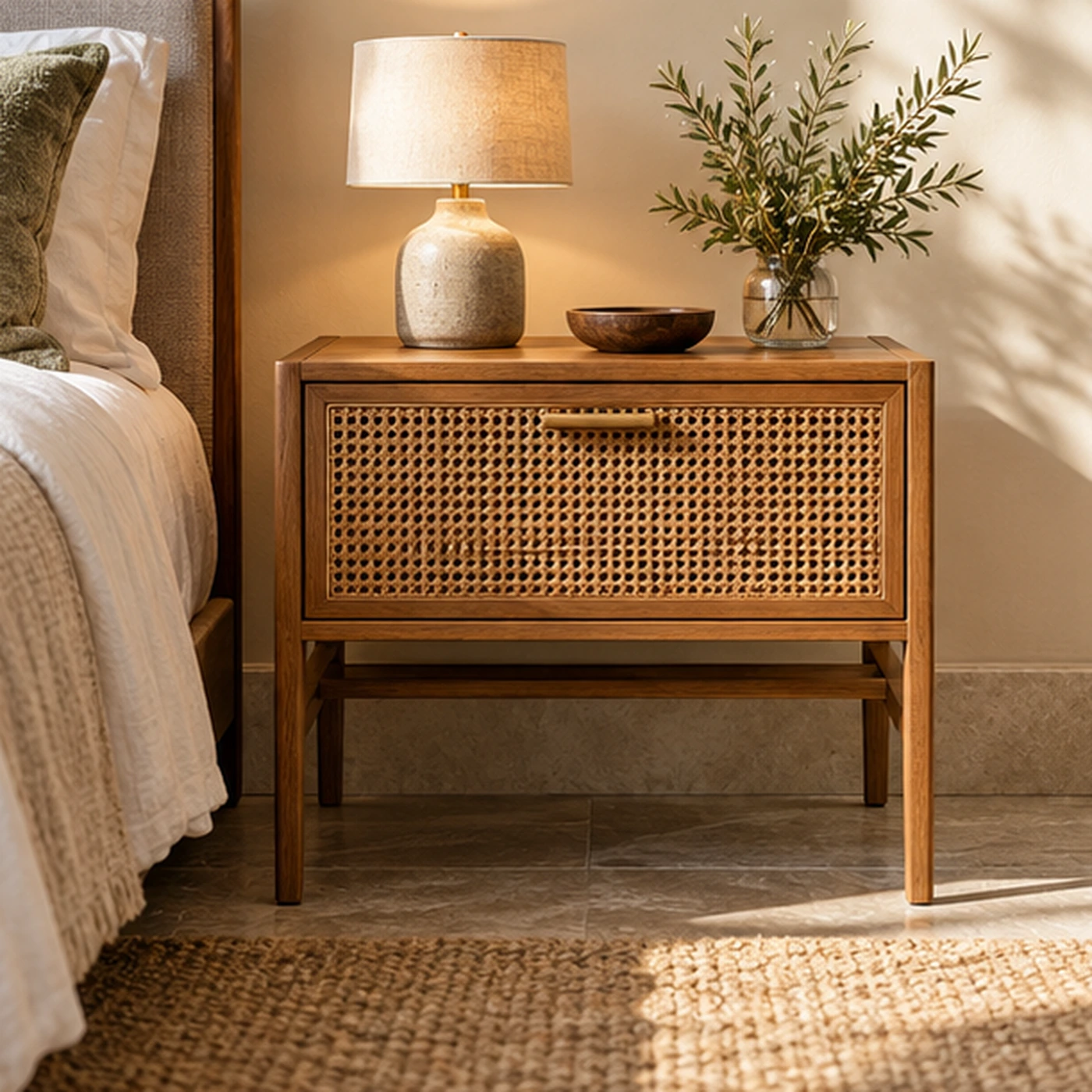 Cane Front Bedside Table