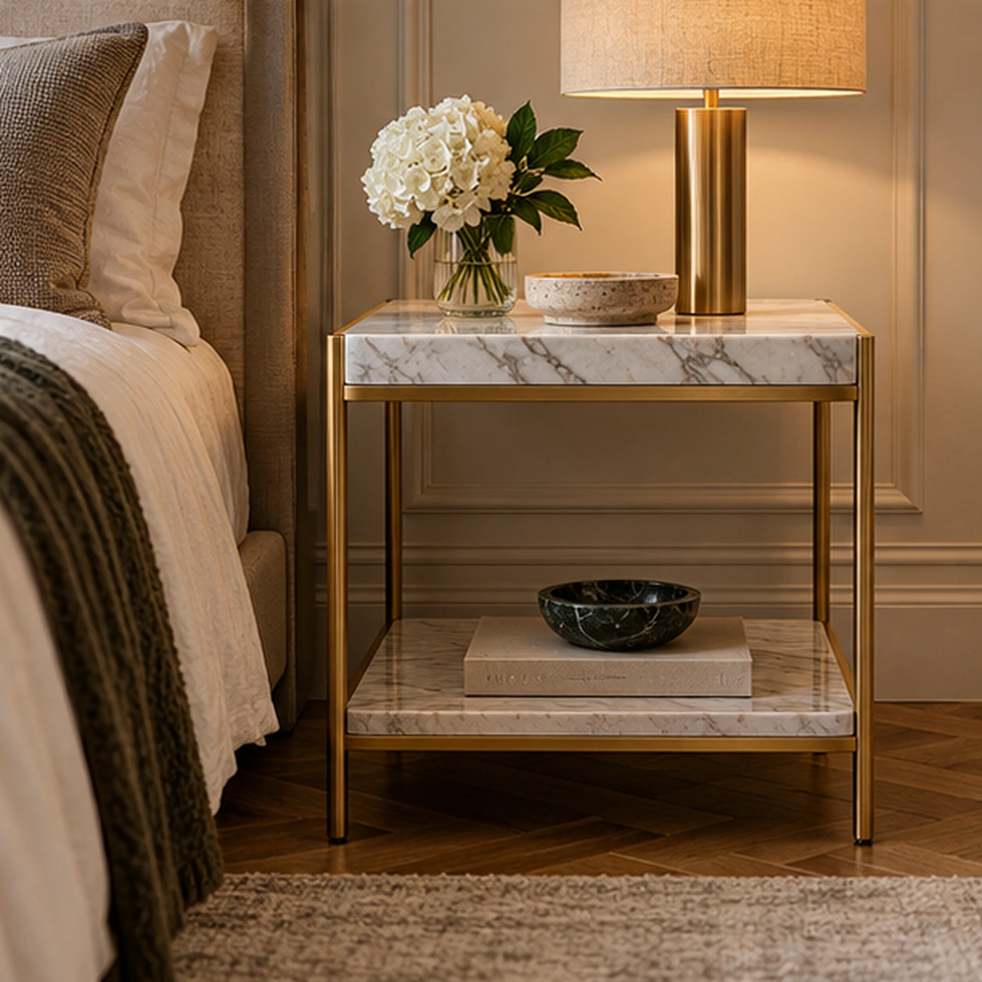 Marble Top Brass Bedside Table