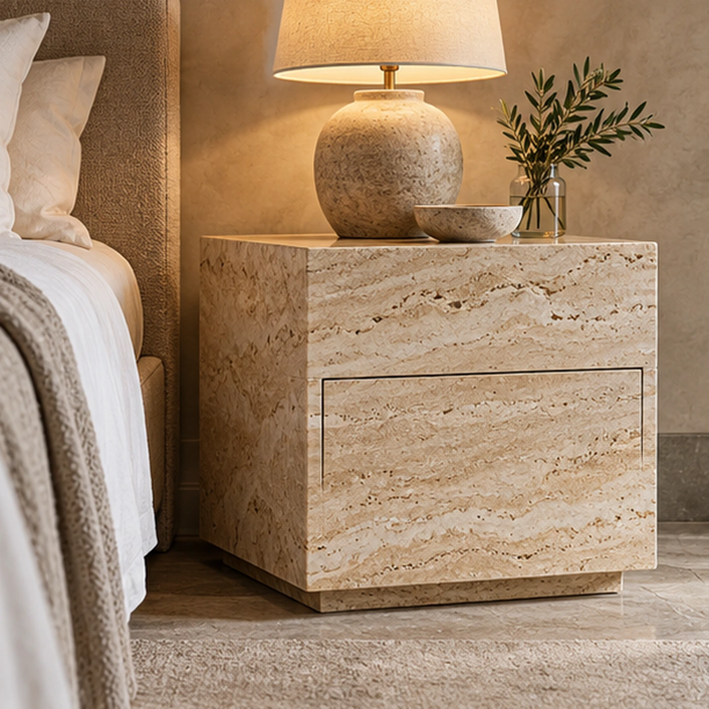 Travertine Block Bedside Table
