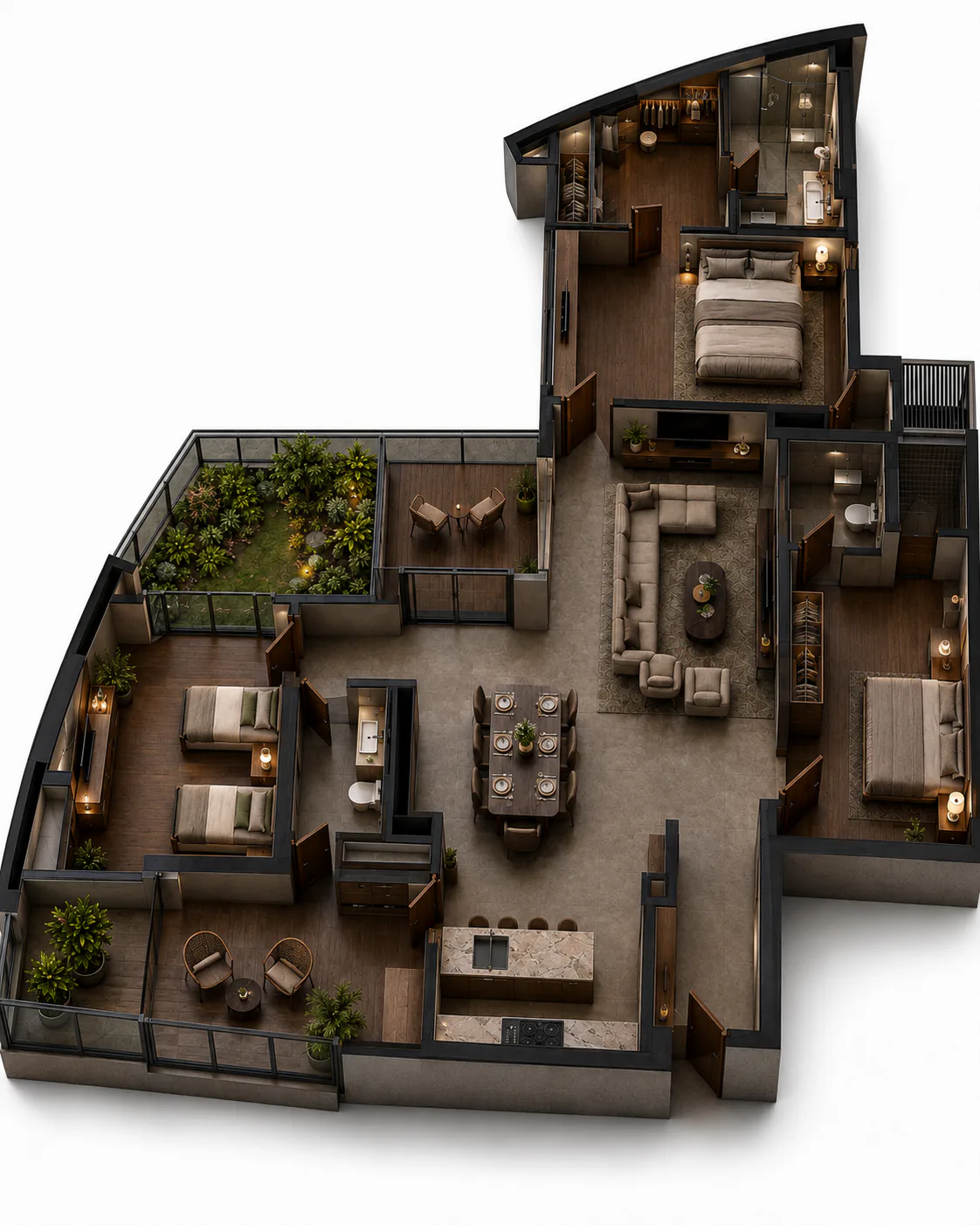 Cutaway plan of the C20 residence in the charcoal palette