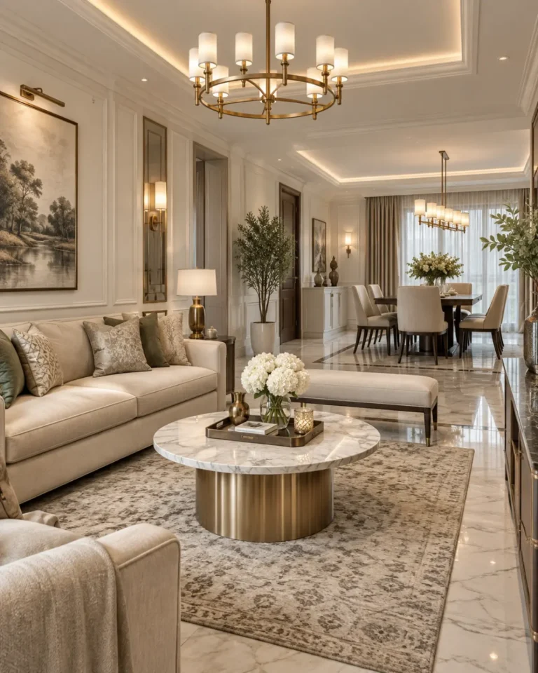 Elegant open-plan living and dining room in ivory and brass