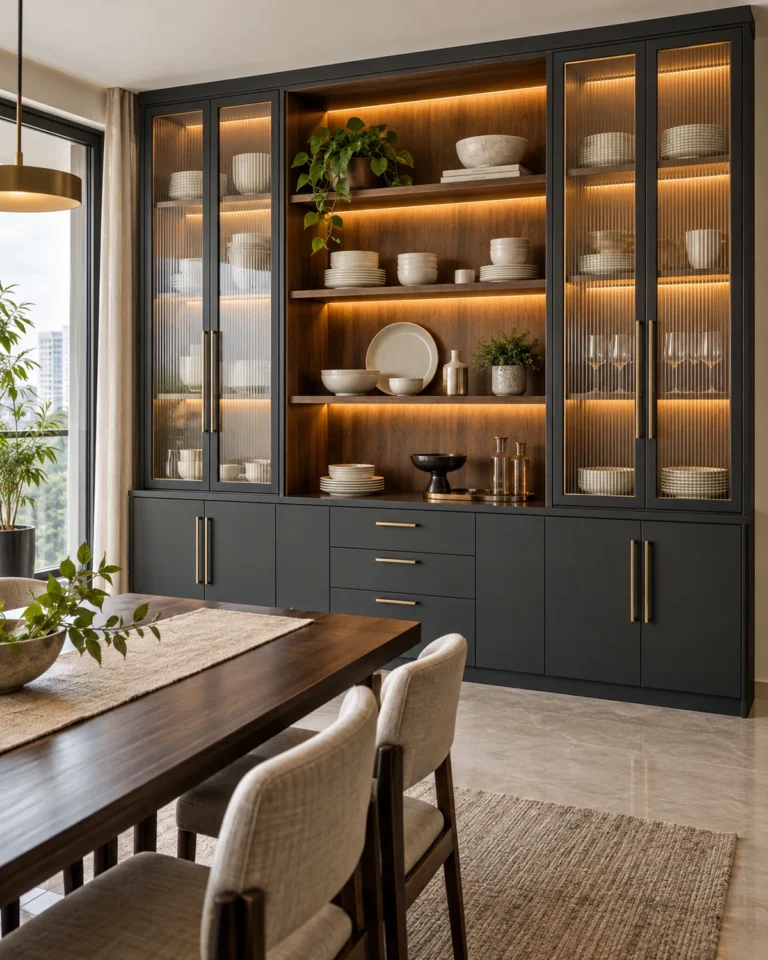 Bold Contemporary crockery unit design, dark full-height with lit bays layout, for a home in JP Nagar