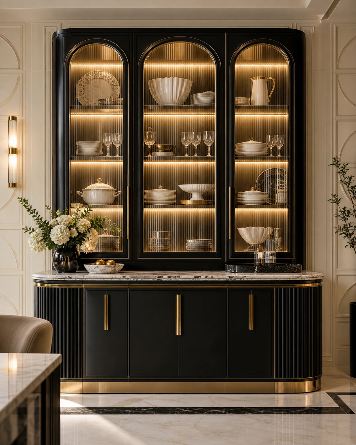 Crockery Unit interior in the Art Deco Glam style
