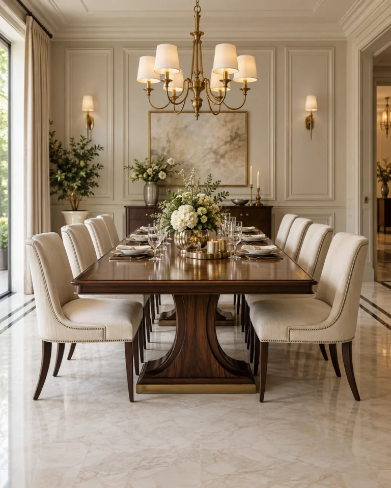 Classic Luxe dining room design, formal ten-seat with a crockery unit layout, for a home in JP Nagar