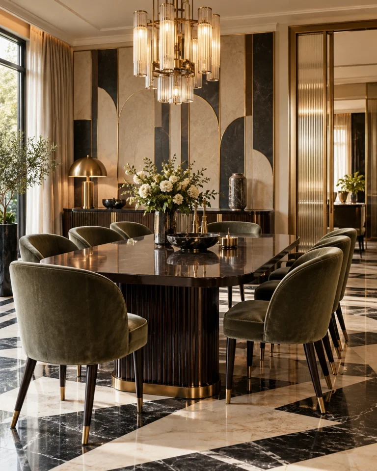 Art Deco Glam dining room design, round six-seat with a bar layout, for a home in JP Nagar