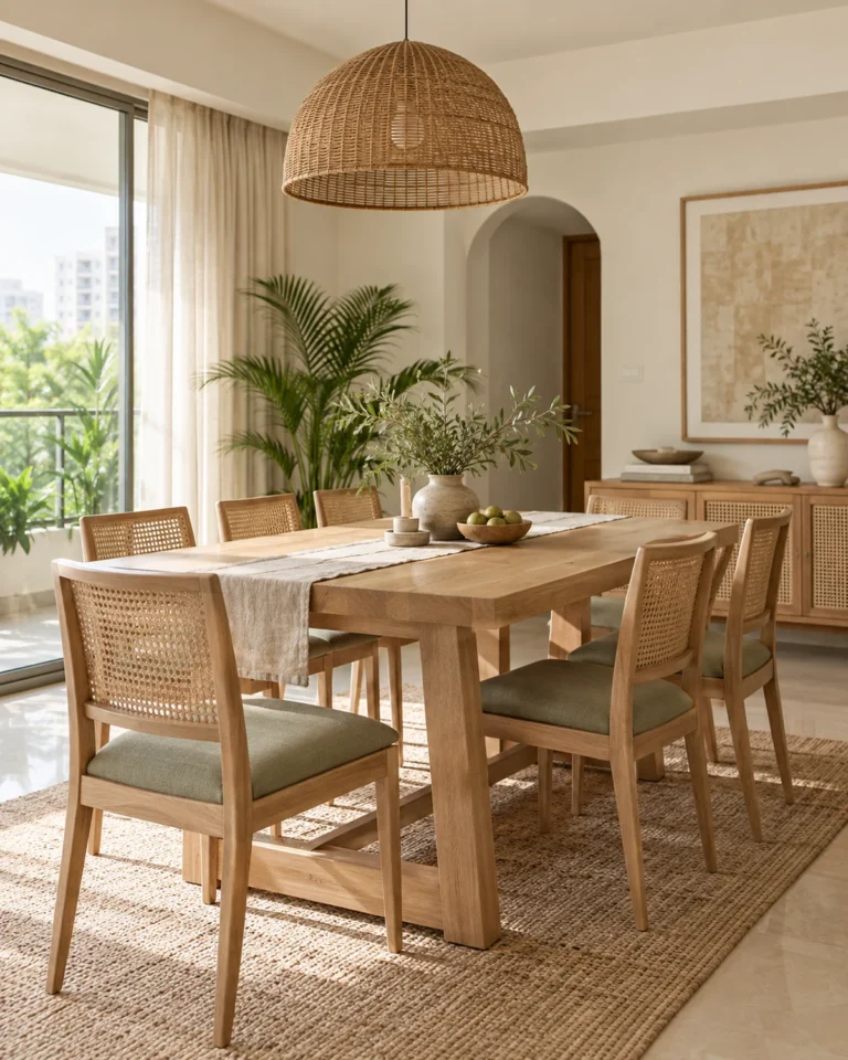 Indo-Scandinavian dining room design, six-seat with a bench layout, for a home in JP Nagar