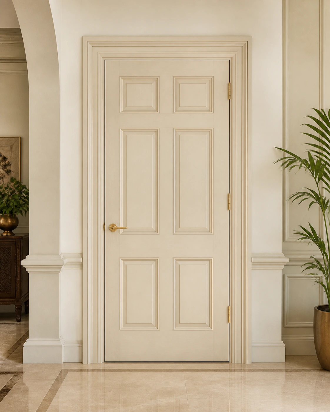 Panelled with a moulded architrave interior in the Classic Luxe style