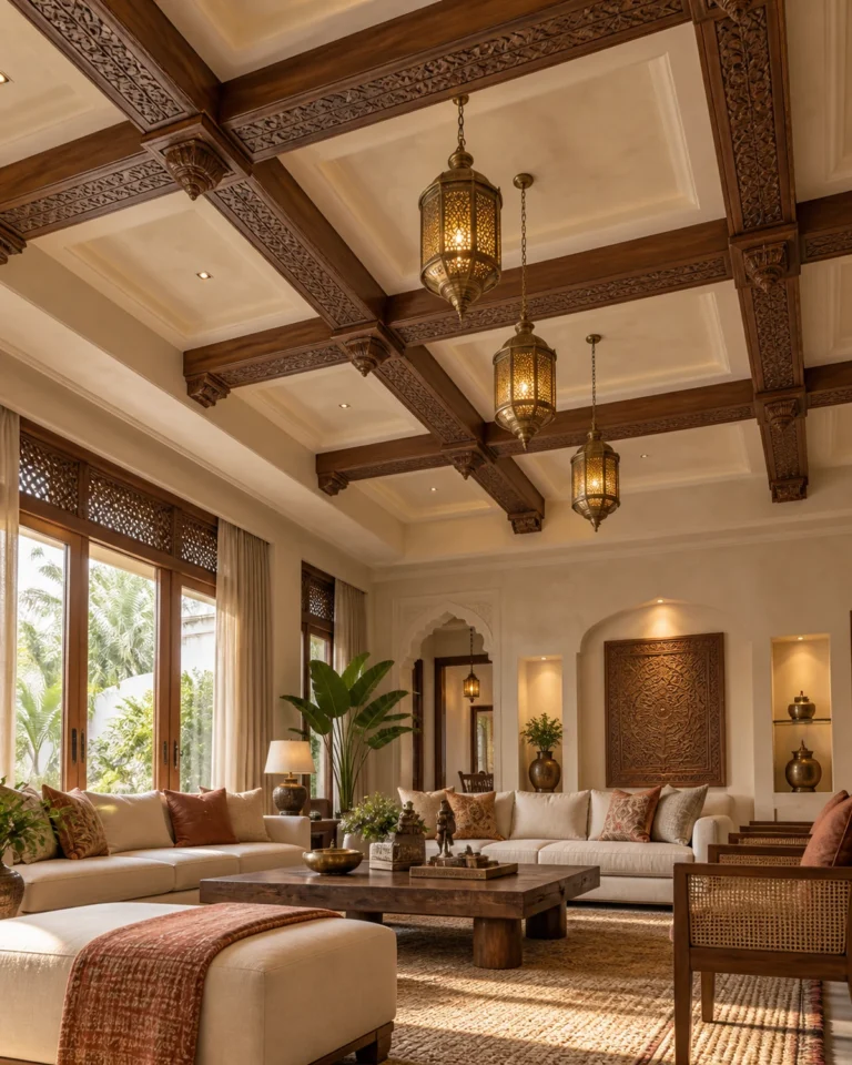 Modern Heritage false ceiling design, beamed teak with a plain field layout, for a home in Koramangala