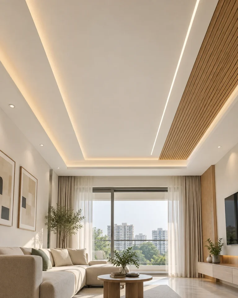 Indo-Scandinavian false ceiling design, linear profile, single plane layout, for a home in Koramangala
