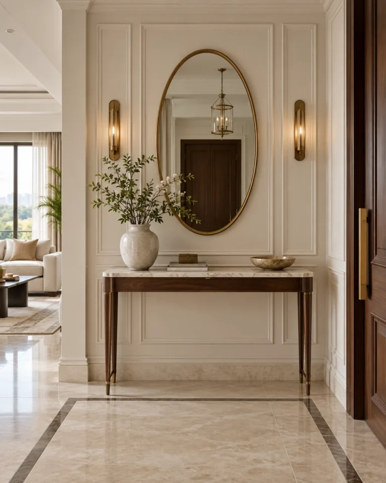 Classic Luxe foyer design, panelled with a console and mirror layout, for a home in JP Nagar