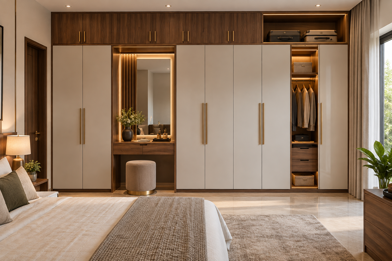 Sliding wardrobe wall with mirrored panel and dressing unit