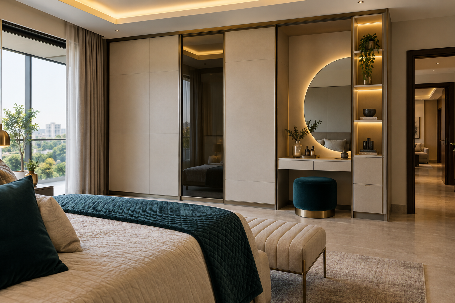Bedroom wardrobe with backlit round mirror and warm wood finish