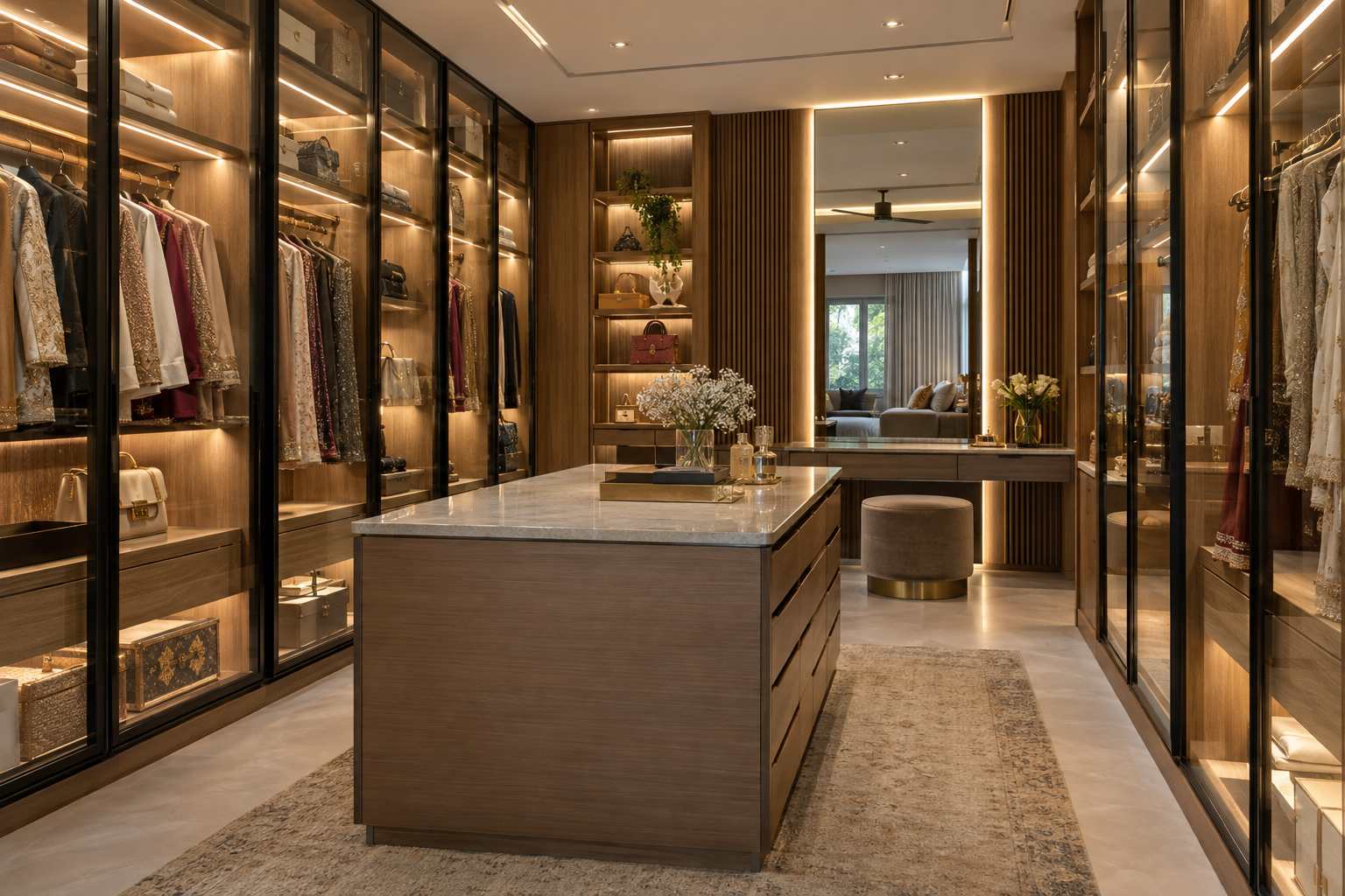 Scandi birch walk-in wardrobe with center island and greenery
