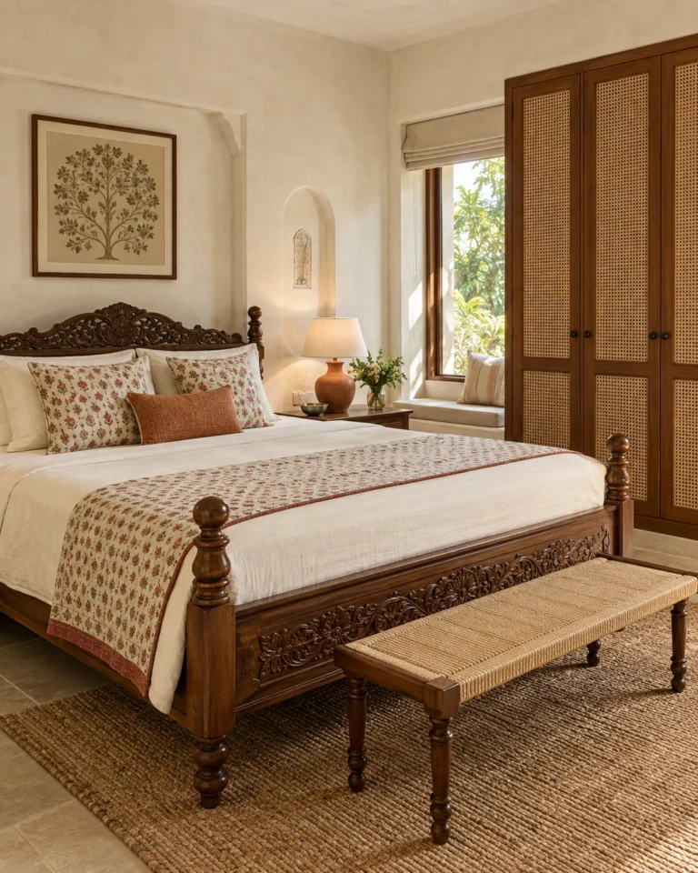 Modern Heritage guest bedroom design, teak bed with a cane screen layout, for a home in Koramangala