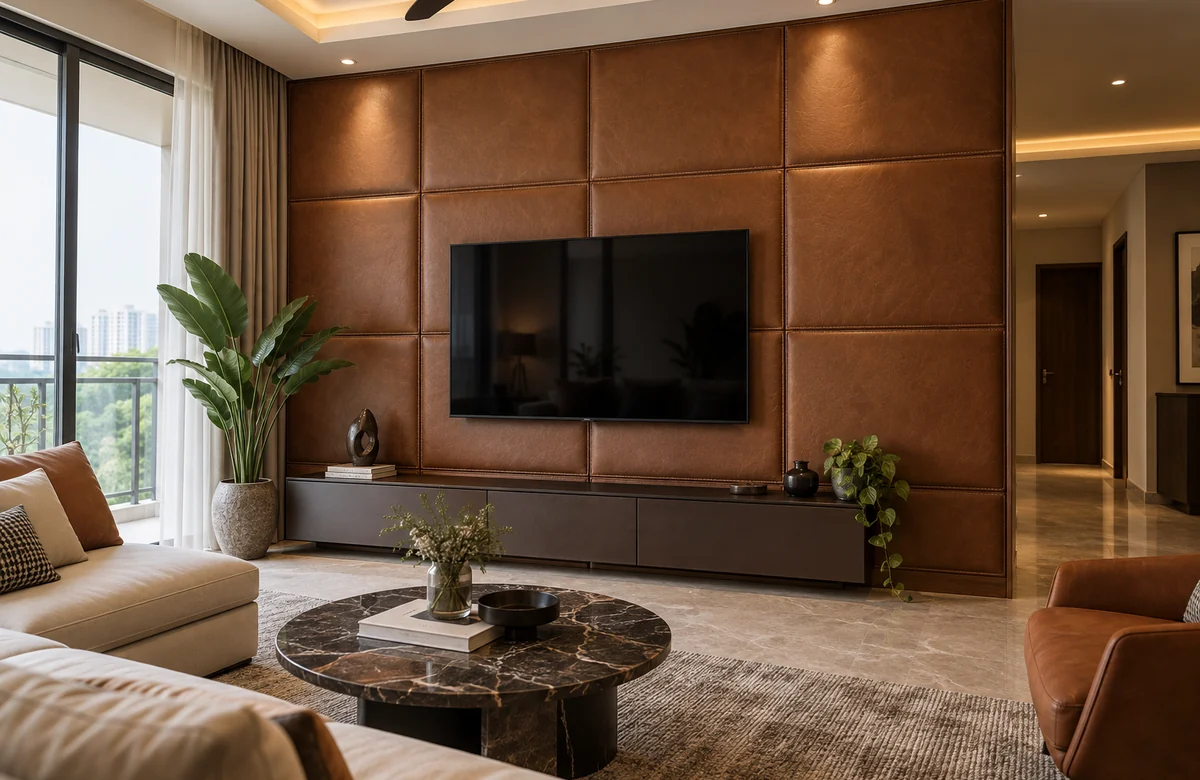 Leather wall panels in a luxury living room TV wall