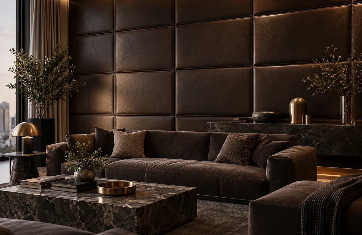 Leather wall panels in a dark luxury lounge wall application