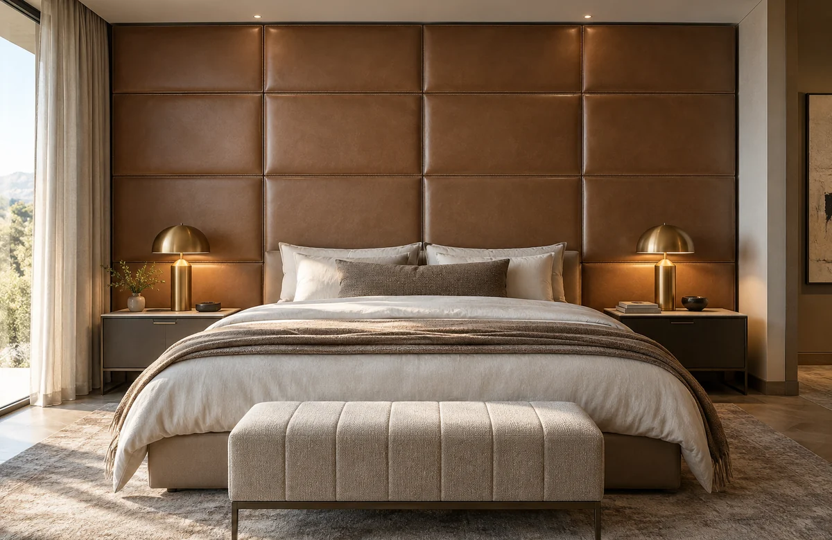 Leather wall panels used as a bedroom headboard wall