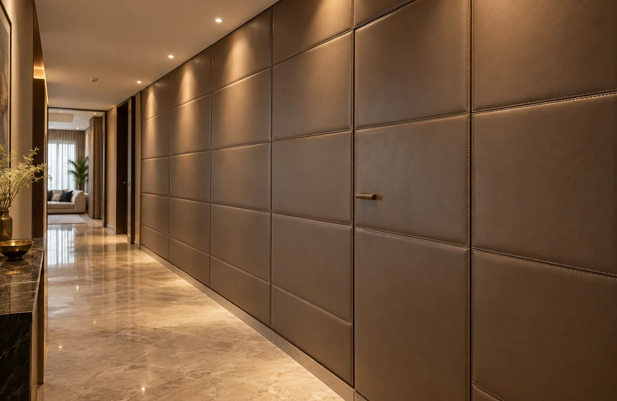 Leather wall panels integrated along a corridor wall