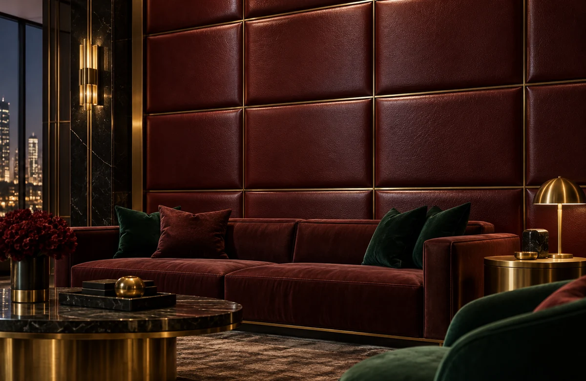 Art Deco Leather Wall Panels in dark oxblood