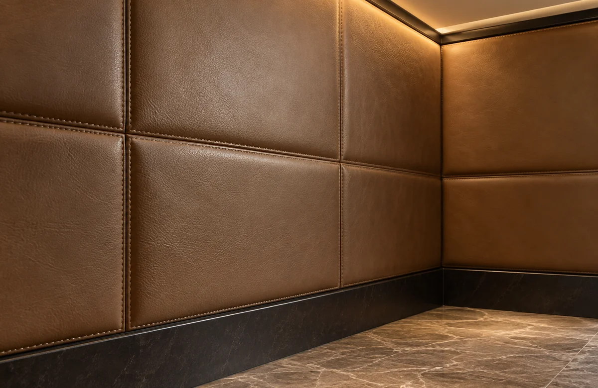 Close detail of leather wall panel seams and skirting