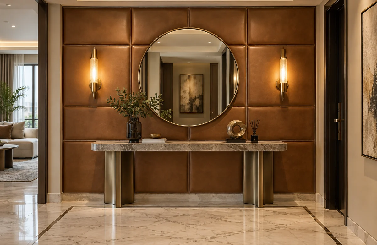 Leather wall panels in a luxury apartment foyer