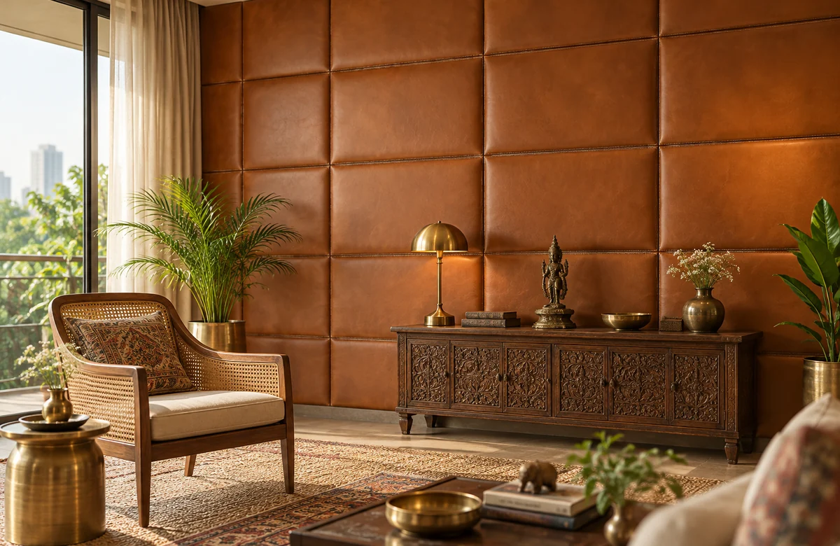 Heritage Leather Wall Panels in cognac leather