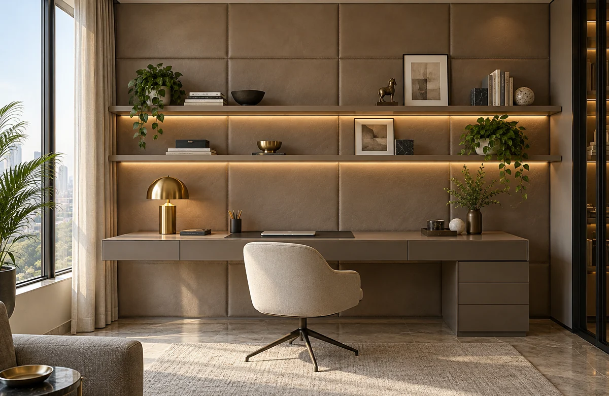Leather wall panels behind a premium study desk