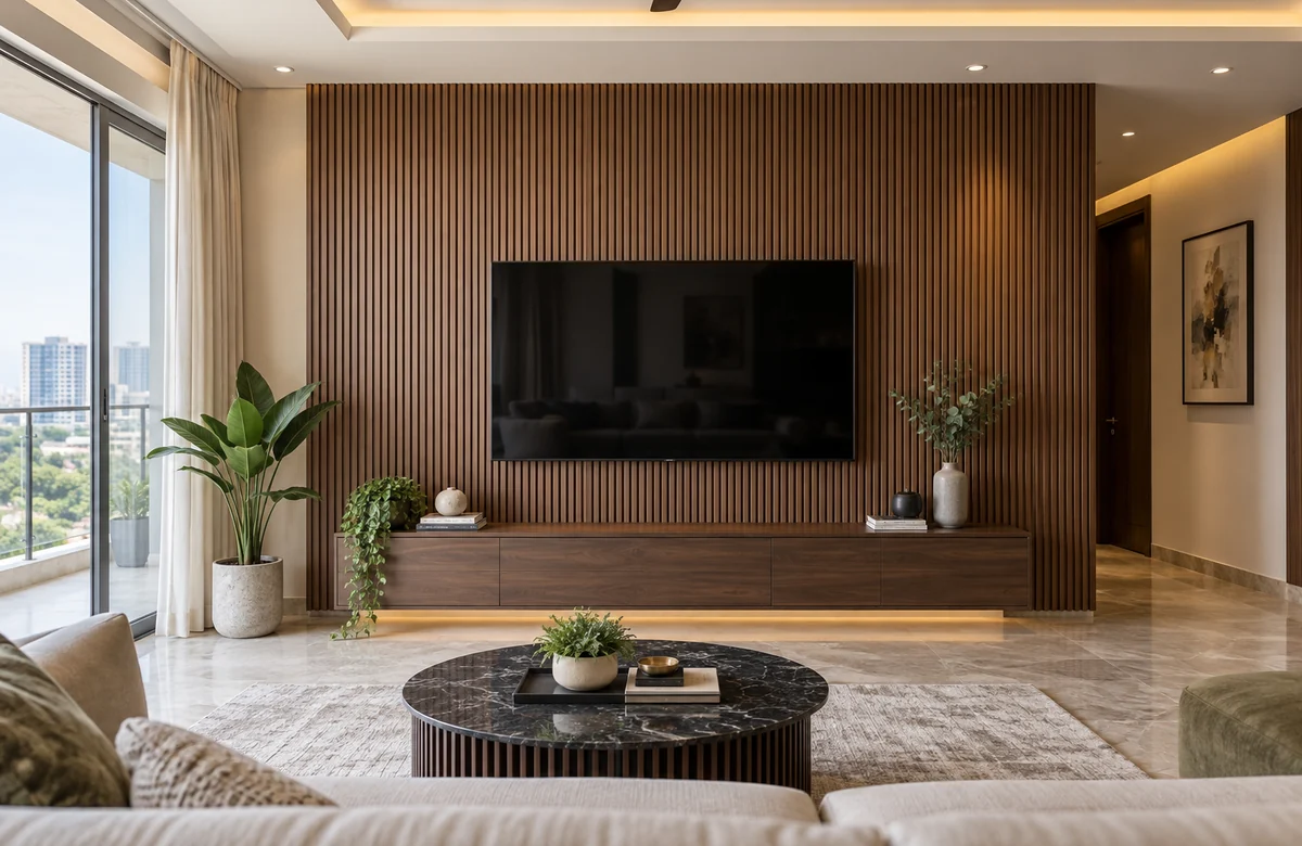 WPC wall panels living room TV feature wall