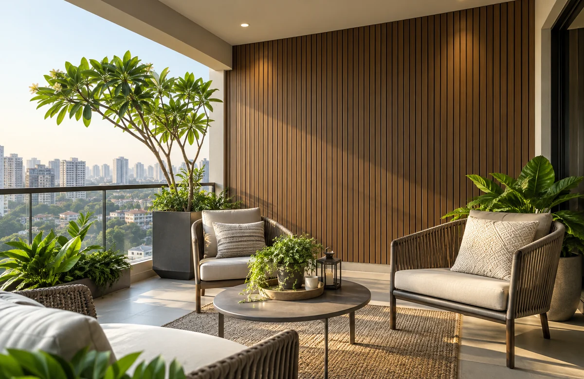 WPC wall panels on a covered balcony wall