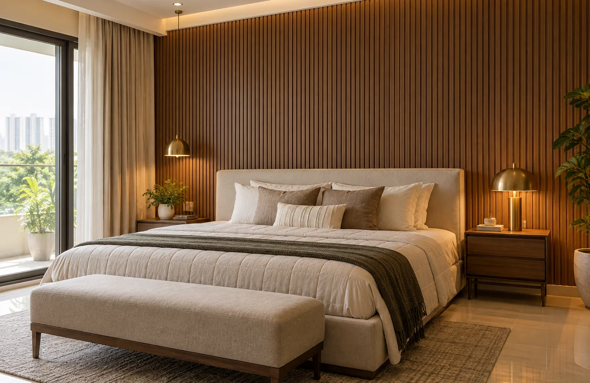 WPC wall panels used as a bedroom back wall