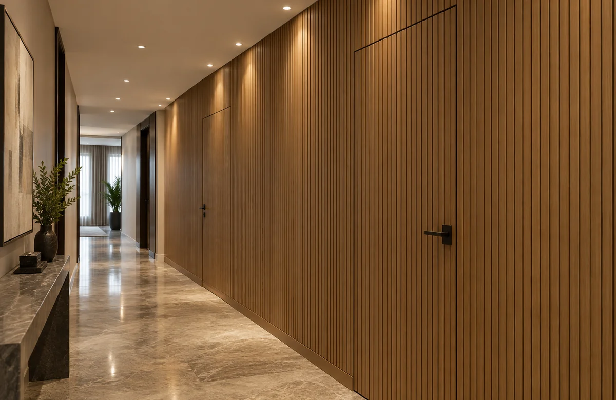 WPC wall panels integrated with concealed corridor doors