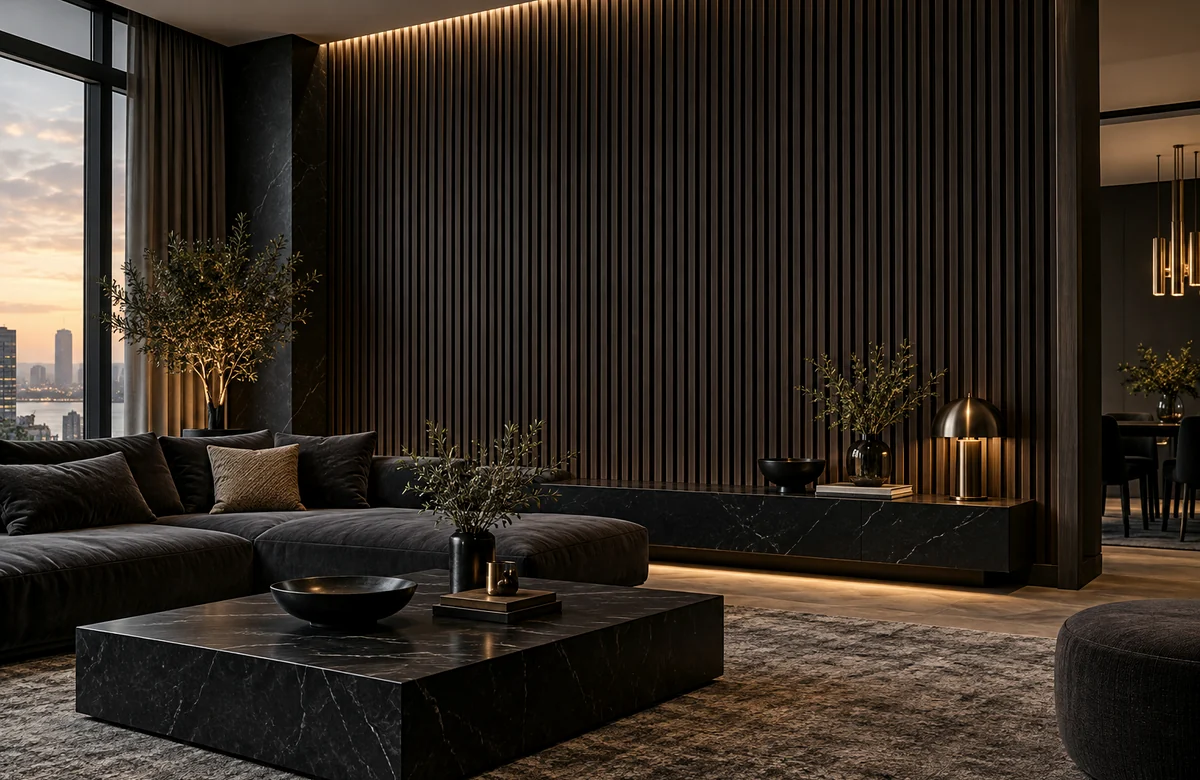 Art Deco WPC Wall Panels with dark timber and brass
