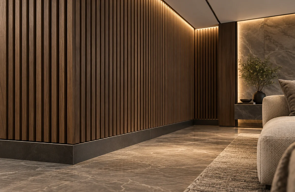 Close detail of WPC wall panel grooves and skirting