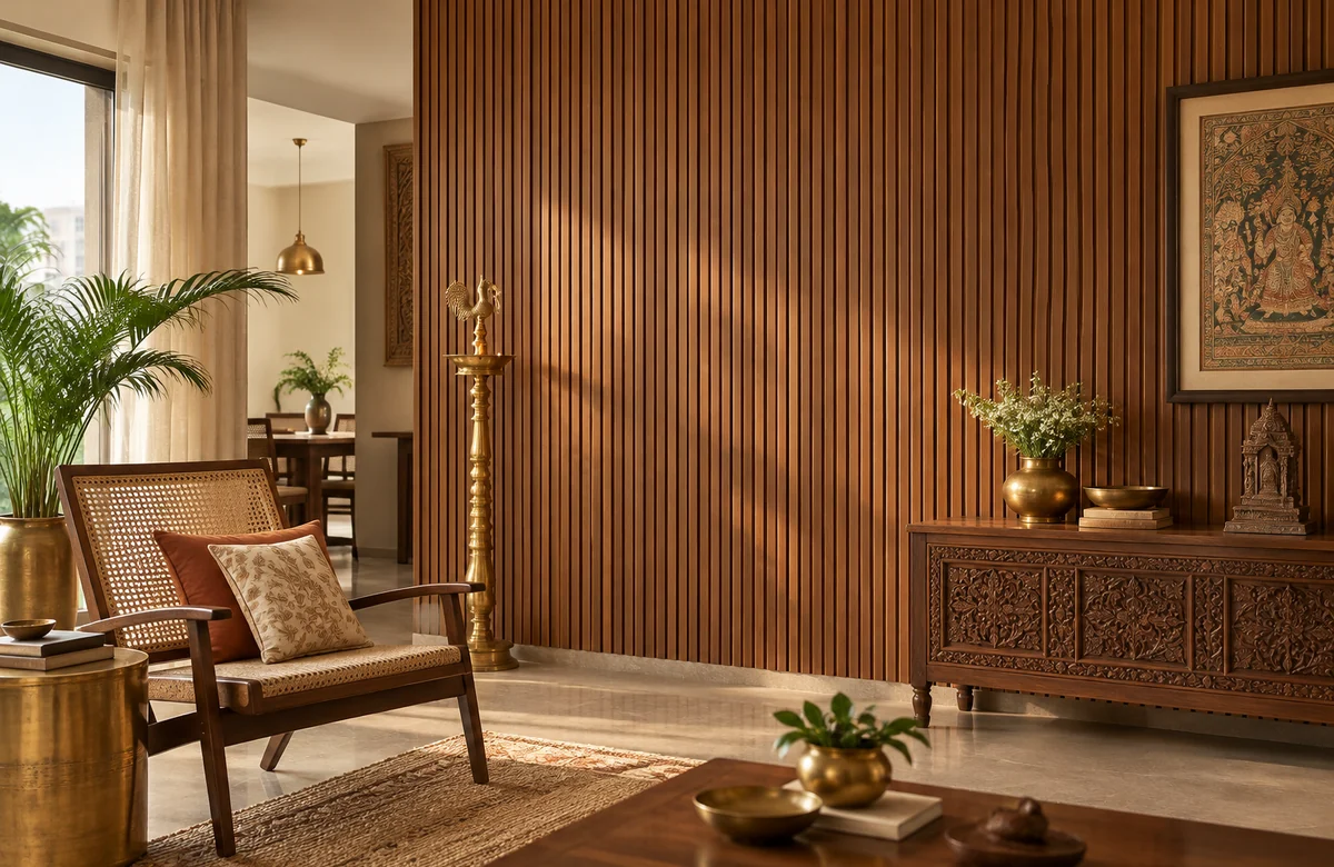 Heritage WPC Wall Panels with brass and cane accents