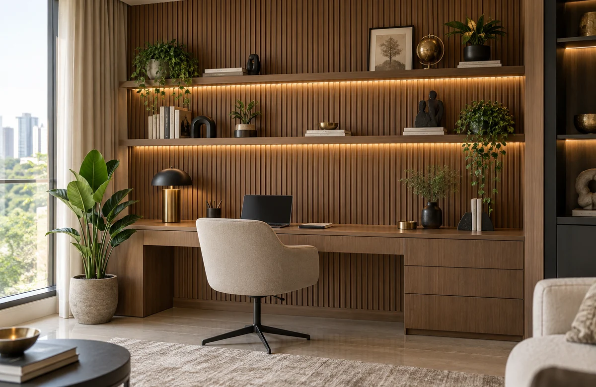WPC wall panels behind a premium study desk
