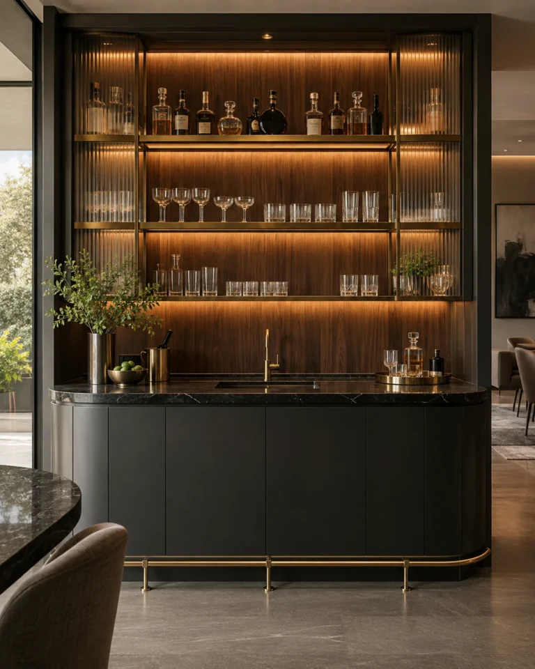Bold Contemporary home bar design, dark bar wall with a stone top layout, for a home in JP Nagar