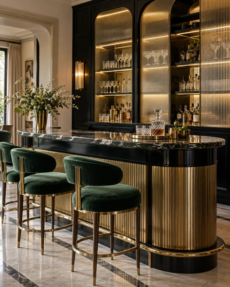 Art Deco Glam home bar design, fluted bar with a lit back layout, for a home in JP Nagar