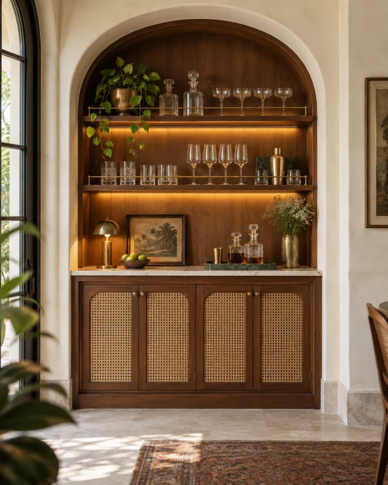 Modern Heritage home bar design, teak bar with a brass rail layout, for a home in JP Nagar