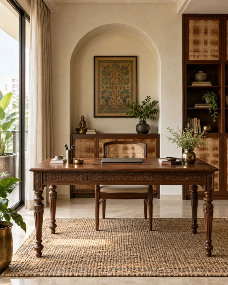 Modern Heritage home office design, teak desk with a cane screen layout, for a home in Koramangala