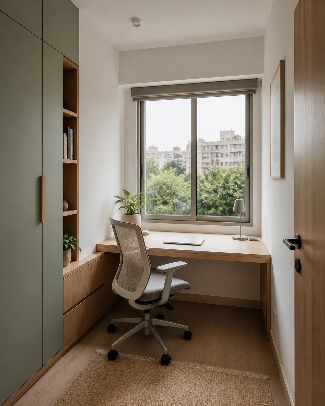 Birch desk under a window interior in the Indo-Scandinavian style