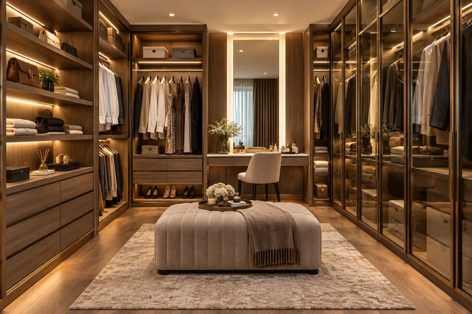 Heritage teak walk-in wardrobe with antique brass hardware and leather ottoman