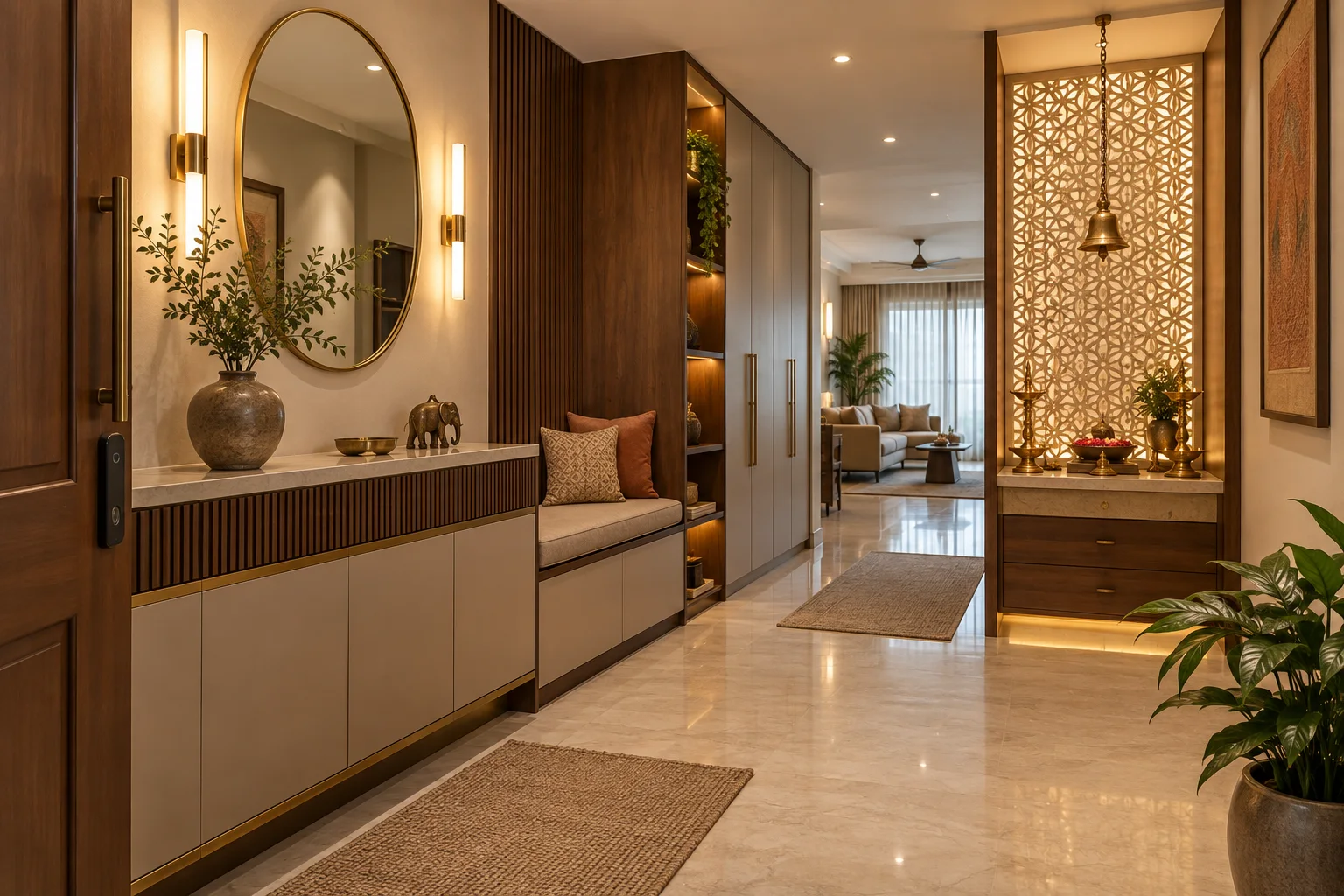 Foyer storage and pooja niche for Luxury Designer Bangalore interiors