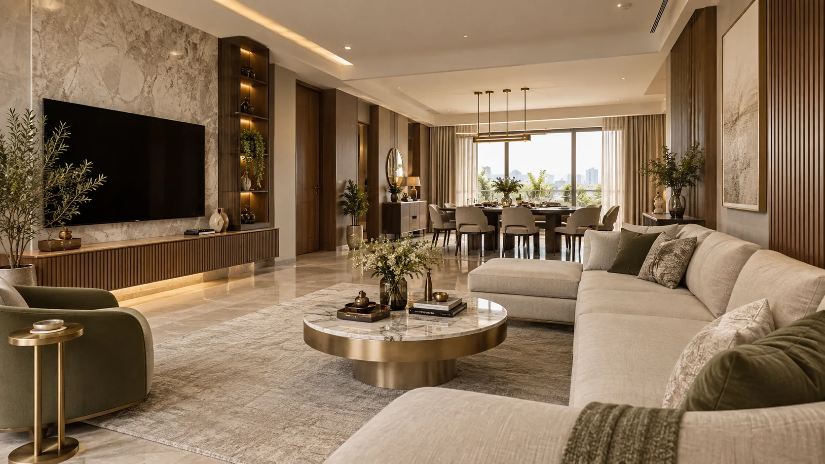 Living and dining room with custom TV wall for Luxury Designer Bangalore interiors