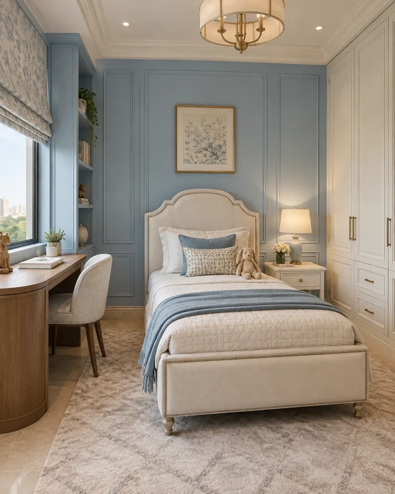 Classic Luxe kids bedroom design, twin beds, symmetrical layout, for a home in Jayanagar