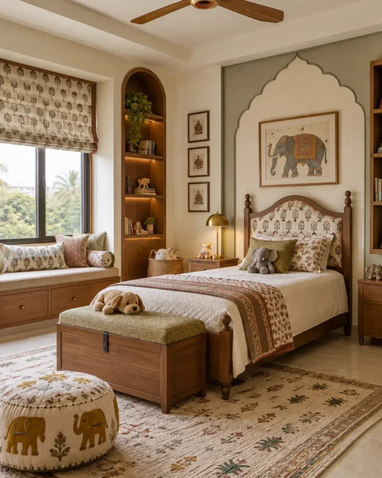 Modern Heritage kids bedroom design, study-integrated with cane layout, for a home in Jayanagar